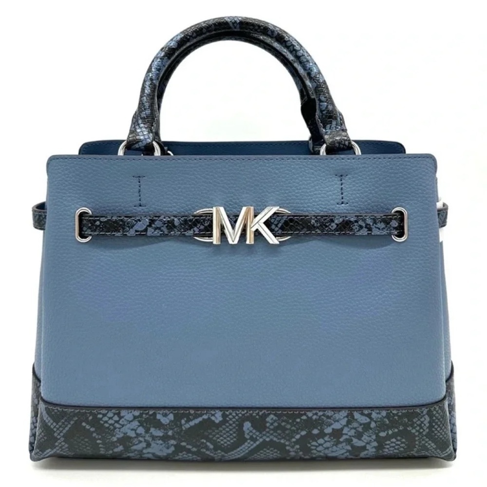 Michael Kors Large Reed Leather Belted Satchel Crossbody Bag Blue Snakeskin